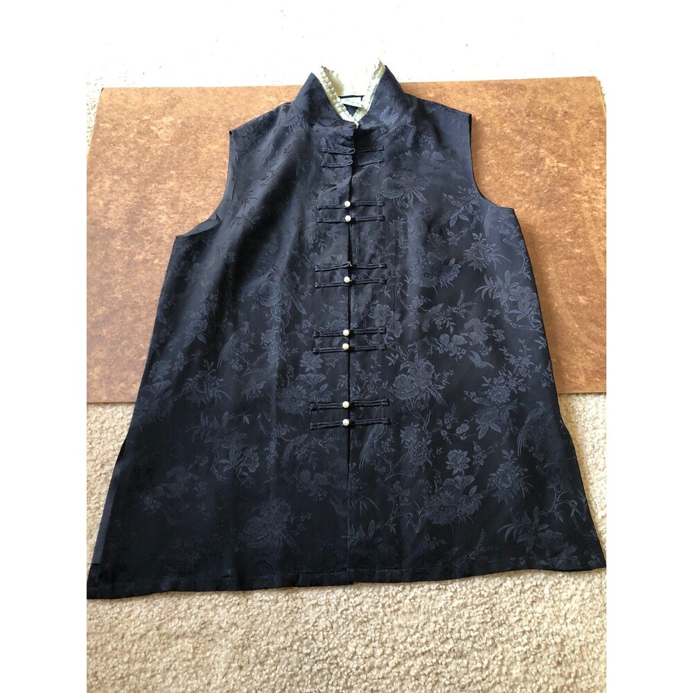 Kamis Ethnic Place Vest 100 P Silk Black Floral Mandarin Asian M L